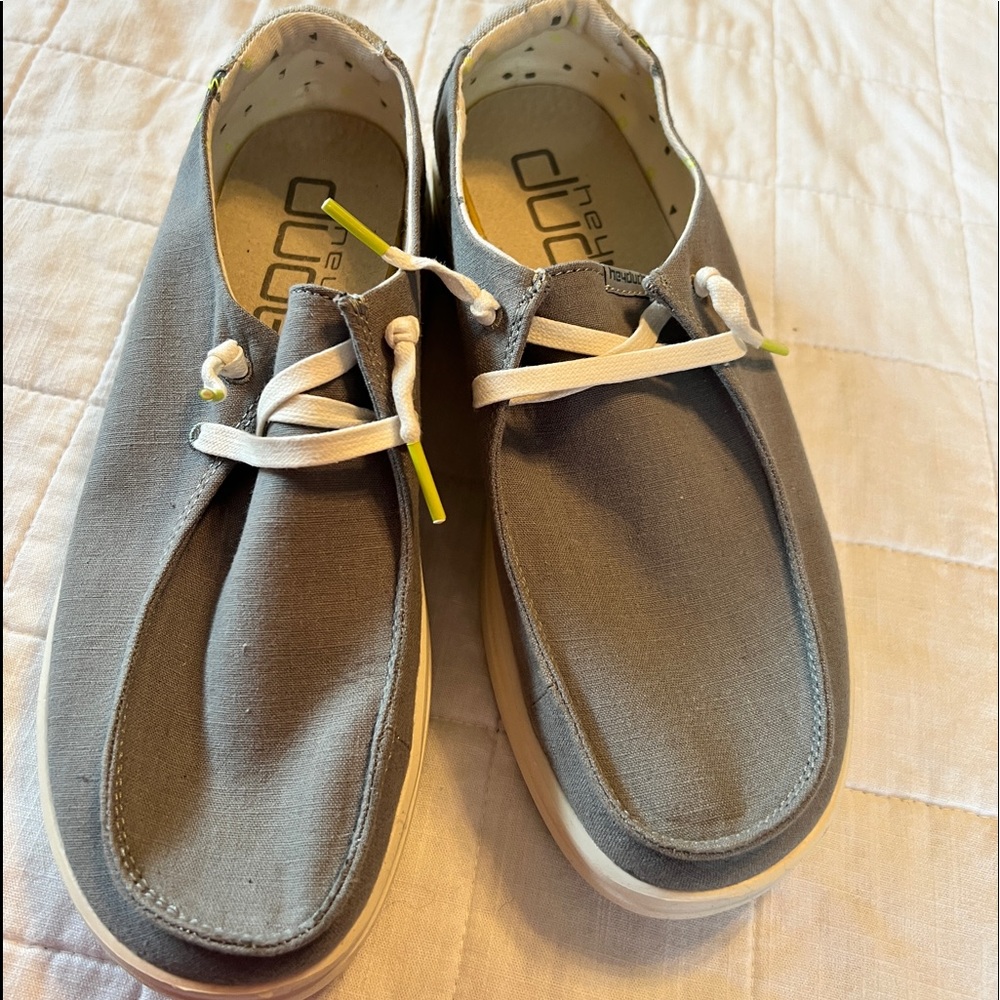 HeyDude gray shoes pop of lime green